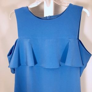 Blue Dress open shoulder with ruffle accent
